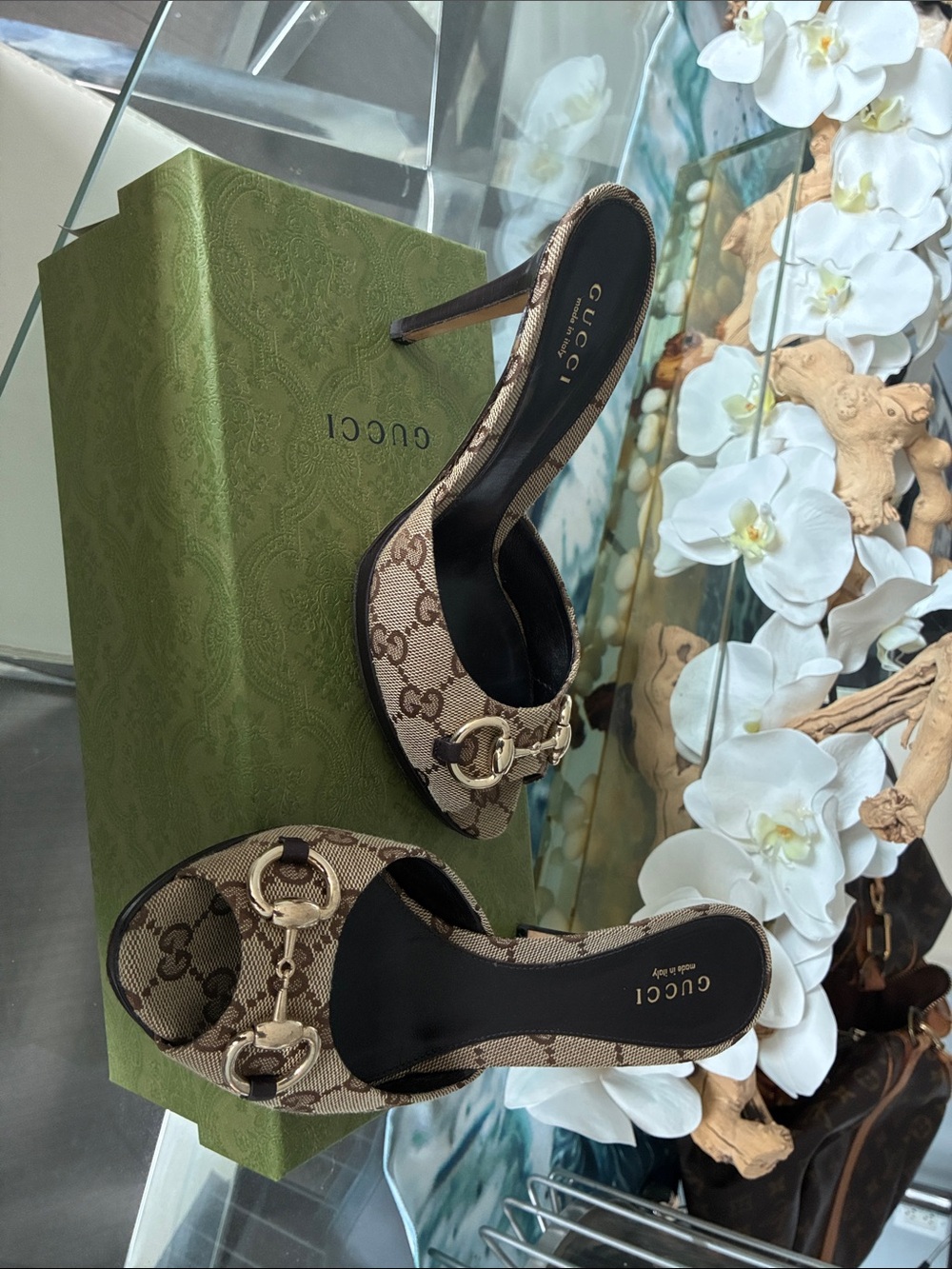 Gucci Beige Monogram Open-Toe Slide Heels with Gold Hardware